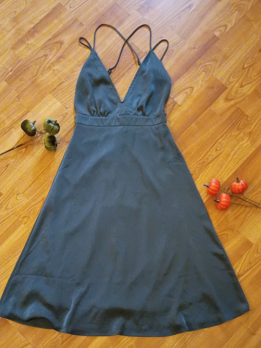 Lulu's Deep Green Satin Slip Dress with Crisscross Straps